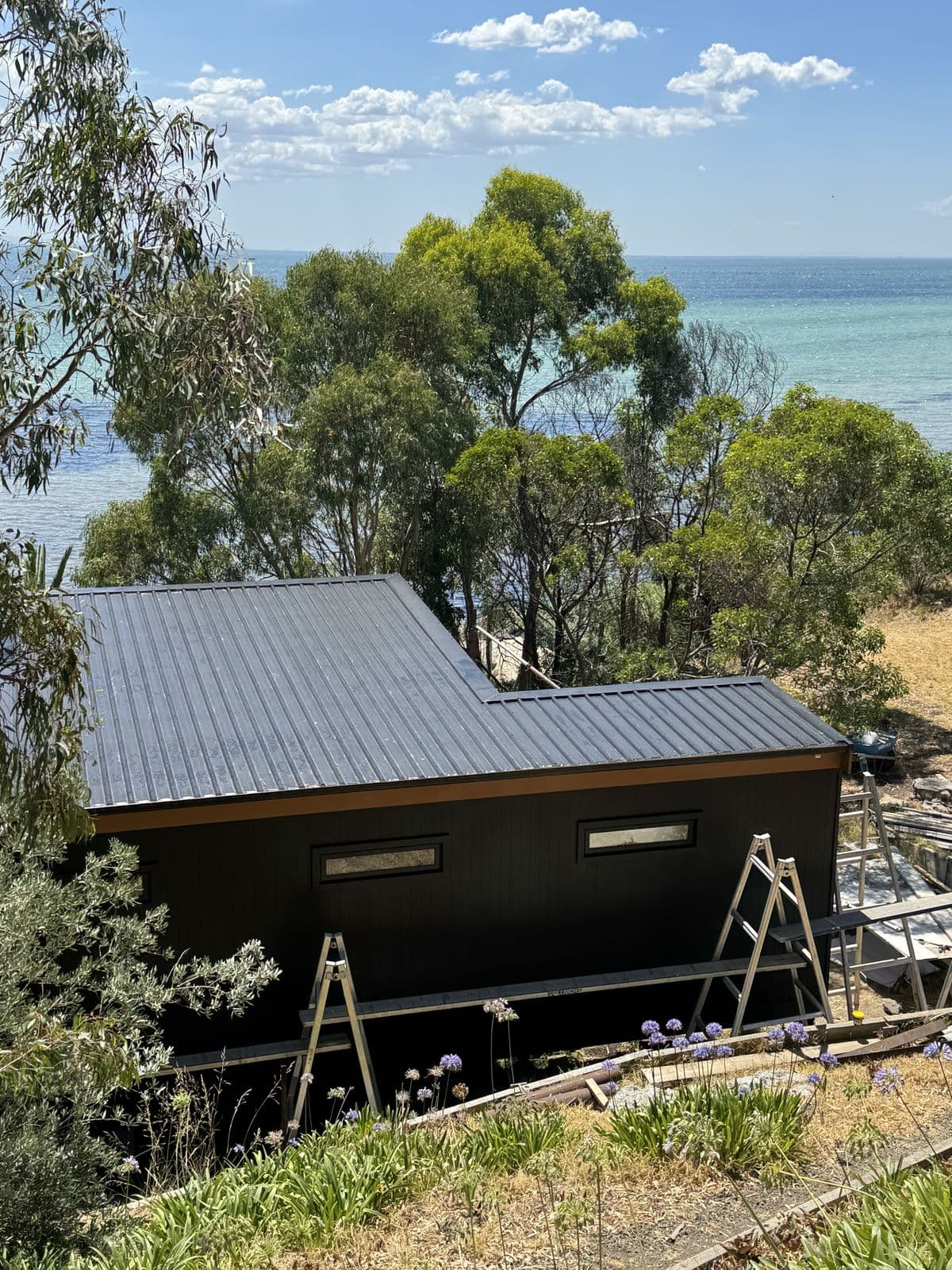 Trestles and planks set up beside dark cladding during an exterior paint job